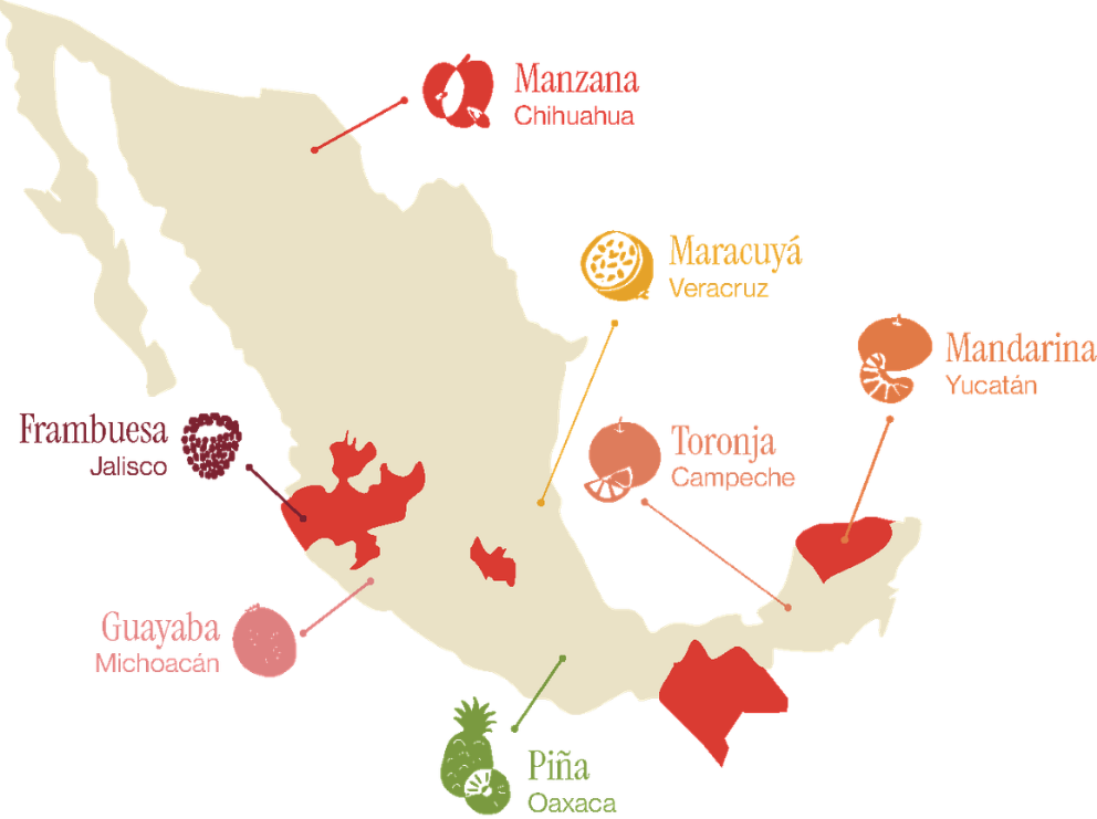 Mapa de México con el origen de cada fruta: Manzana de Chihuahua, Frambuesa de Jalisco, Guayaba de Michoacán, Piña de Oaxaca, Maracuyá de Veracruz, Toronja de Campeche y Mandarina de Yucatán
